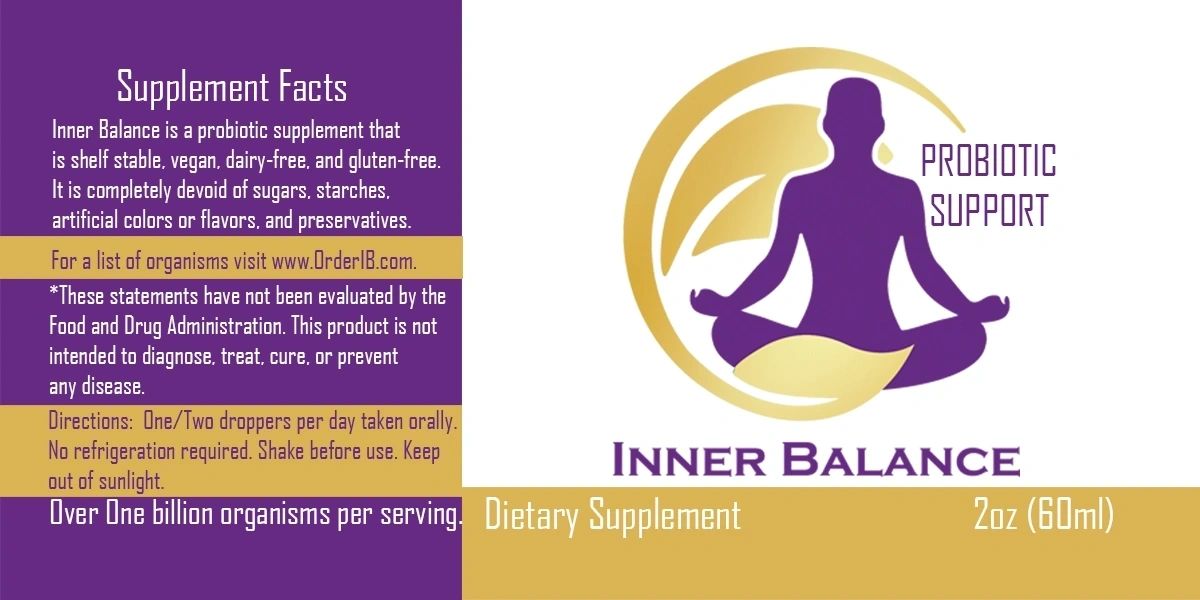 Inner Balance probiotic supplement facts label, 2oz liquid, over one billion organisms per serving