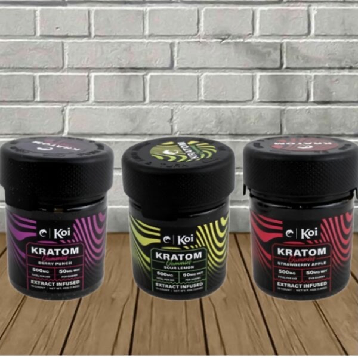 Koi Kratom extract gummies jars in Berry Punch, Sour Lemon and Strawberry Apple