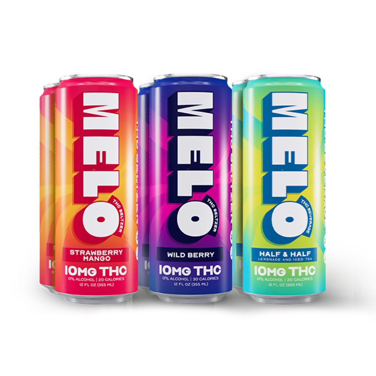 Melo 10mg THC seltzer lineup: Strawberry Mango, Wild Berry, Half and Half