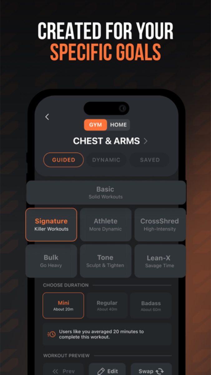 SHRED app program picker showing Signature, Athlete, Bulk, Tone, Lean-X and CrossShred tracks